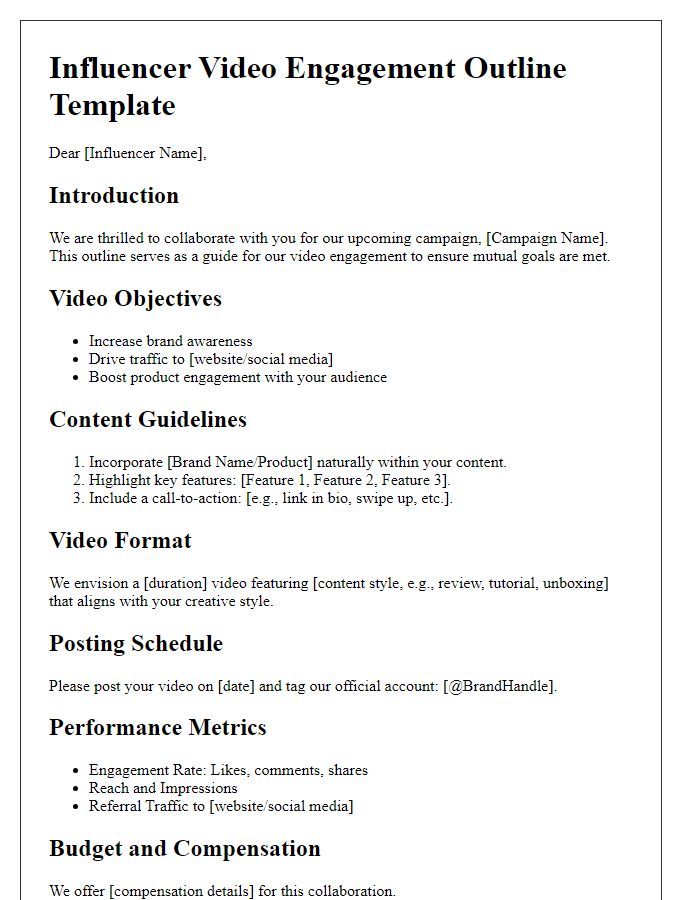 Letter template of influencer video engagement outline