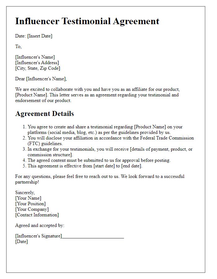 Letter template of influencer testimonial agreement for affiliate marketing