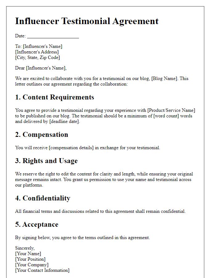 Letter template of influencer testimonial agreement for blog collaborations