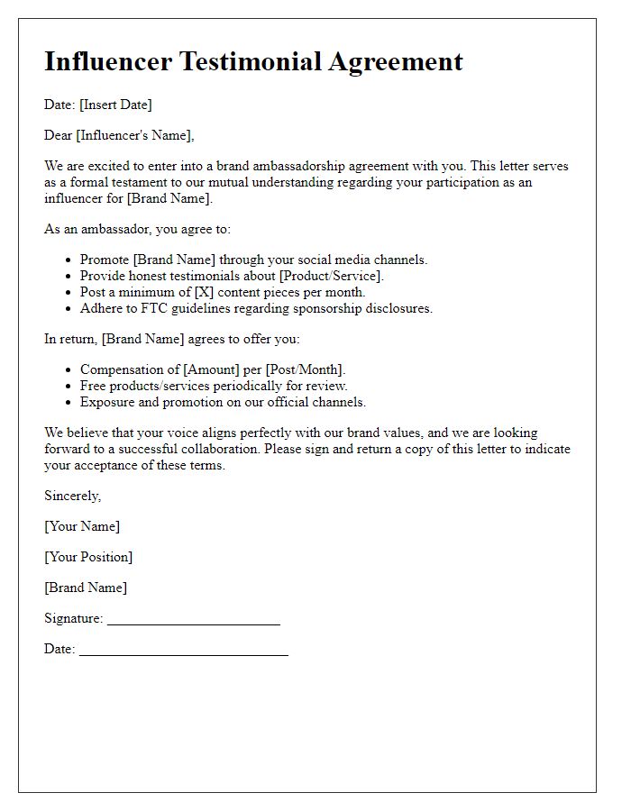 Letter template of influencer testimonial agreement for brand ambassadorship