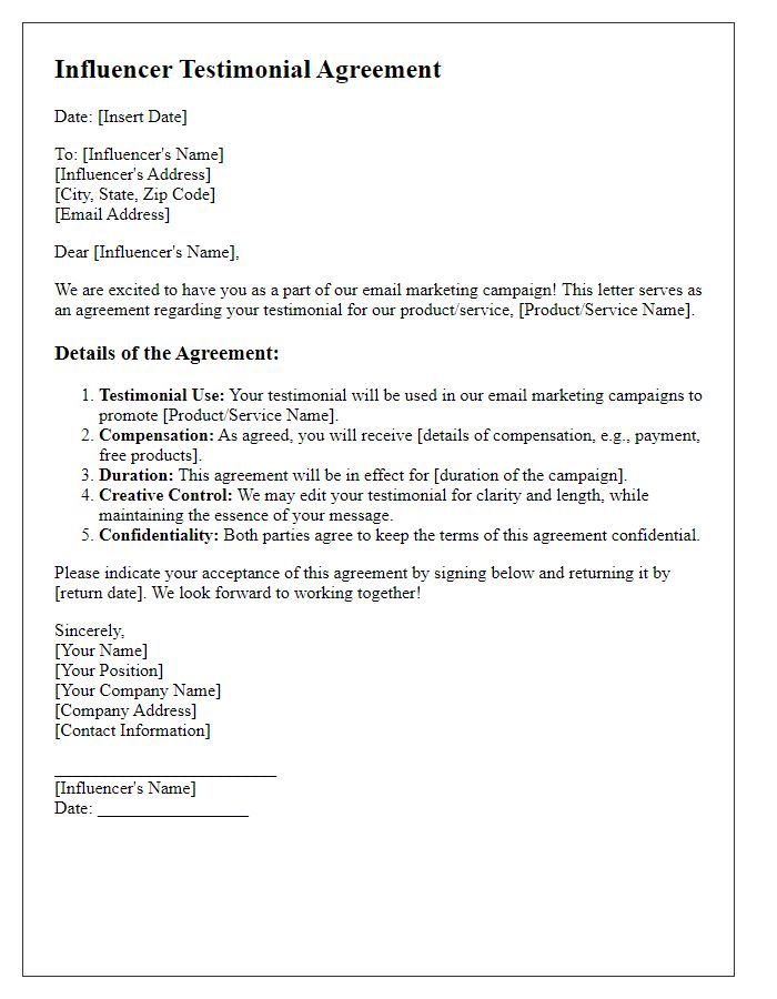 Letter template of influencer testimonial agreement for email marketing campaigns