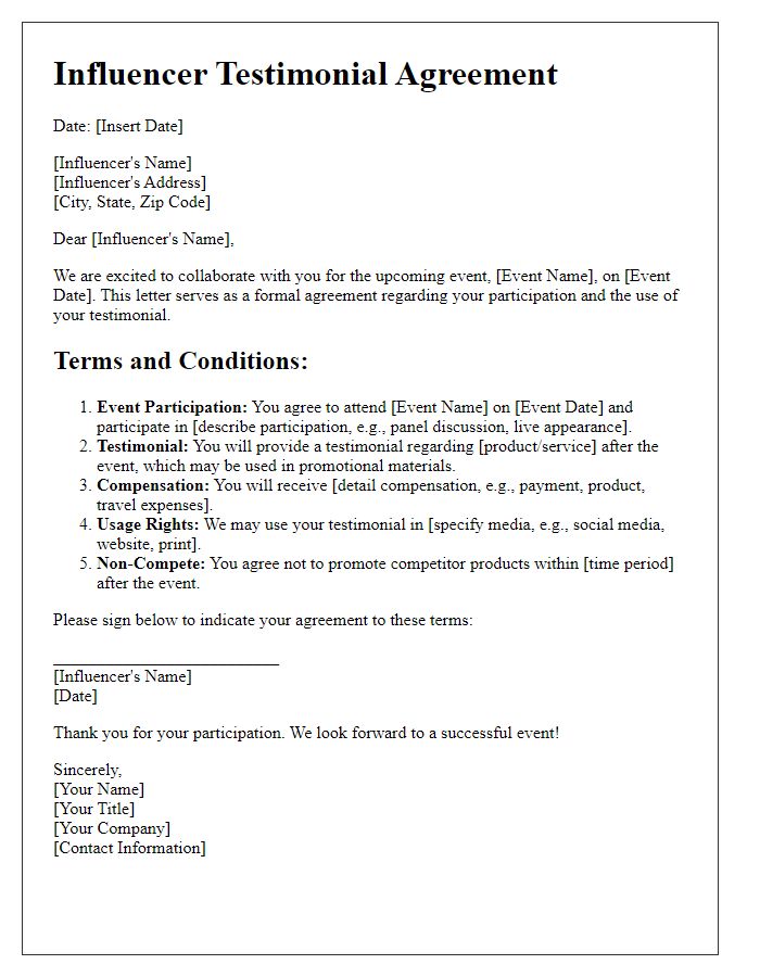 Letter template of influencer testimonial agreement for events and appearances