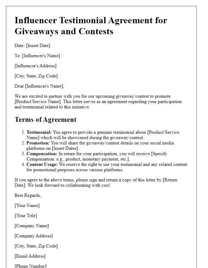 Letter template of influencer testimonial agreement for giveaways and contests