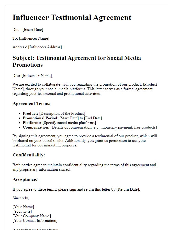 Letter template of influencer testimonial agreement for social media promotions