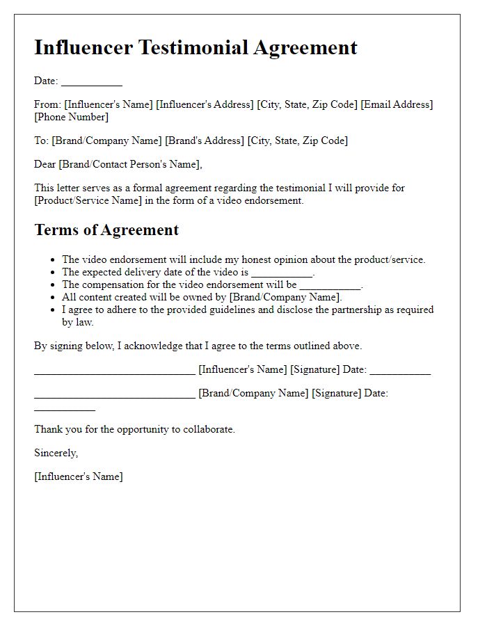 Letter template of influencer testimonial agreement for video endorsements