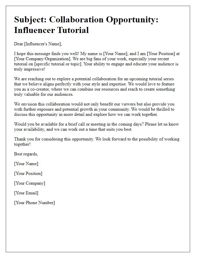 Letter template of outreach for influencer tutorial collaboration