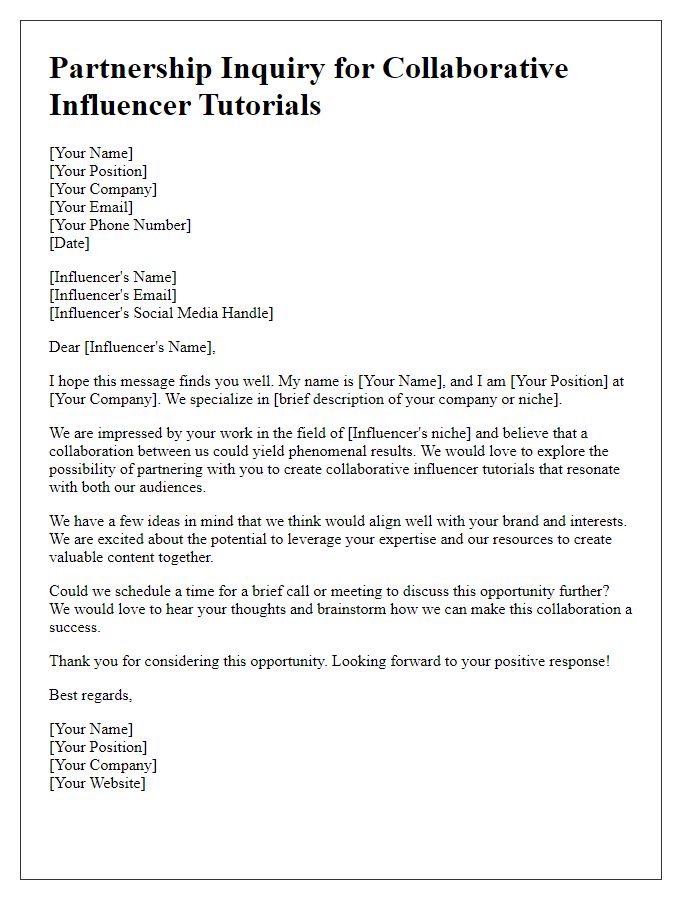 Letter template of partnership inquiry for collaborative influencer tutorials