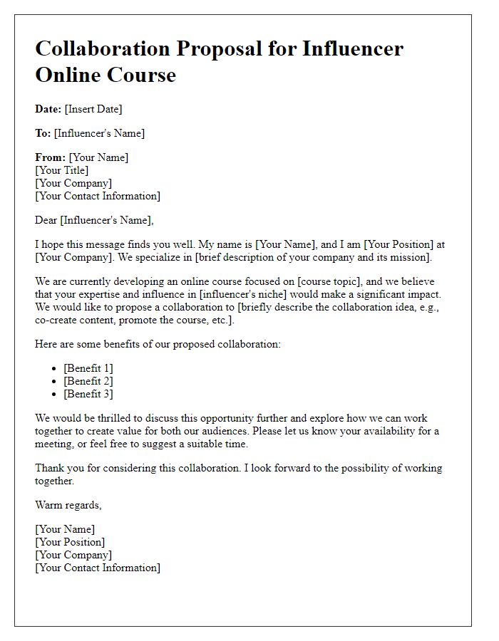 Letter template of collaboration proposal for influencer online course.