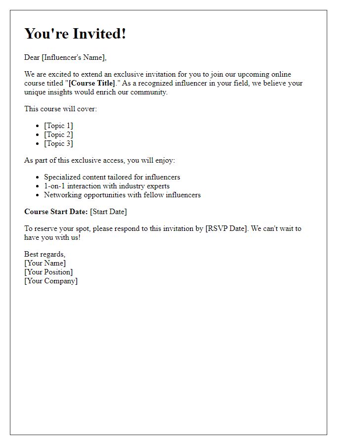Letter template of exclusive access invitation for influencer online course.