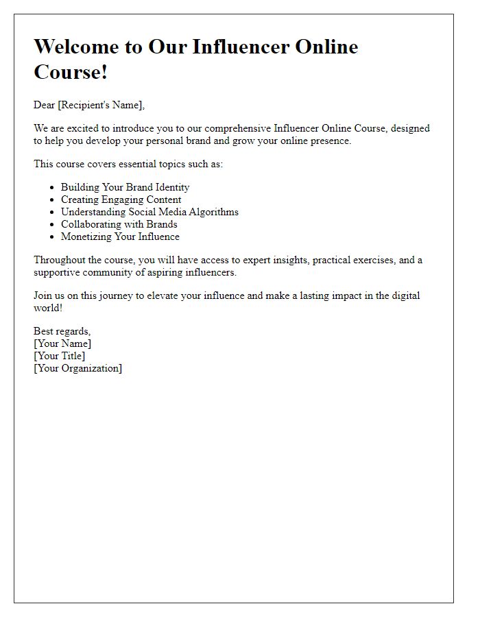 Letter template of introduction to our influencer online course.