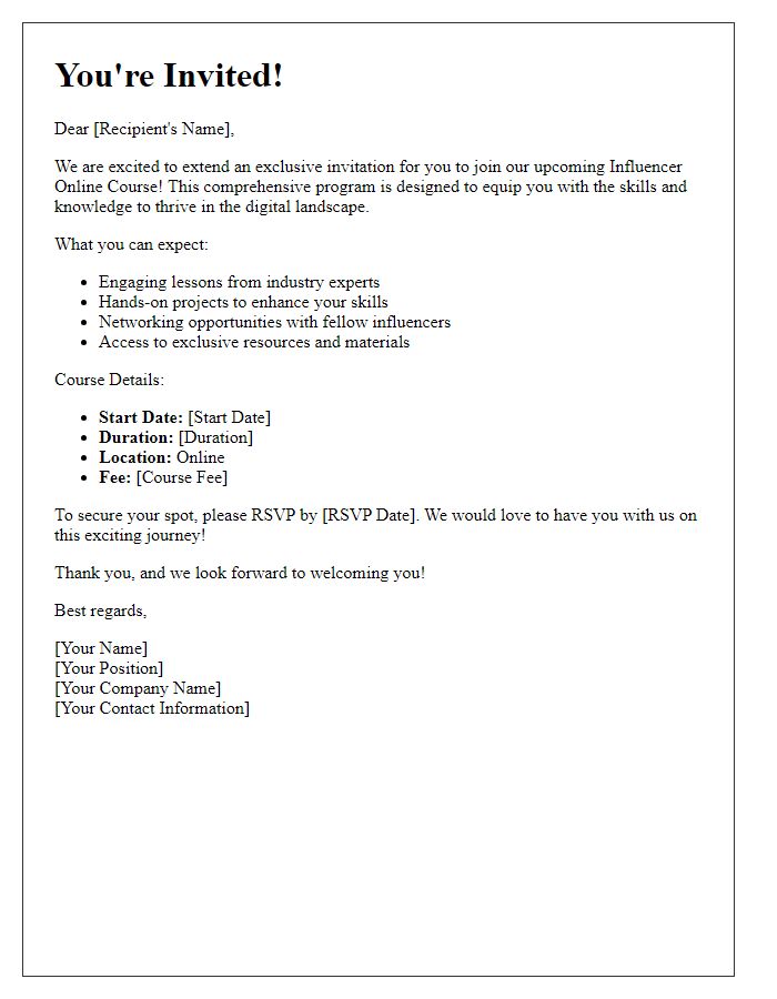 Letter template of invitation to join our influencer online course.