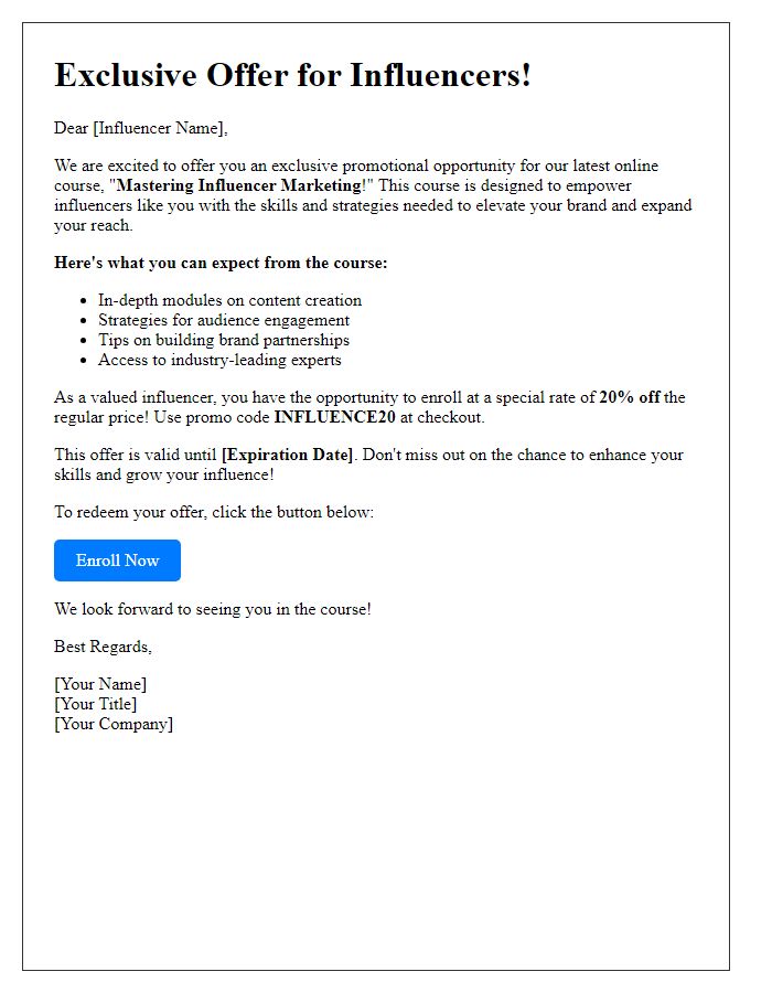 Letter template of promotional offer for influencer online course.