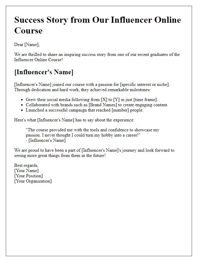Letter template of success story sharing from our influencer online course.