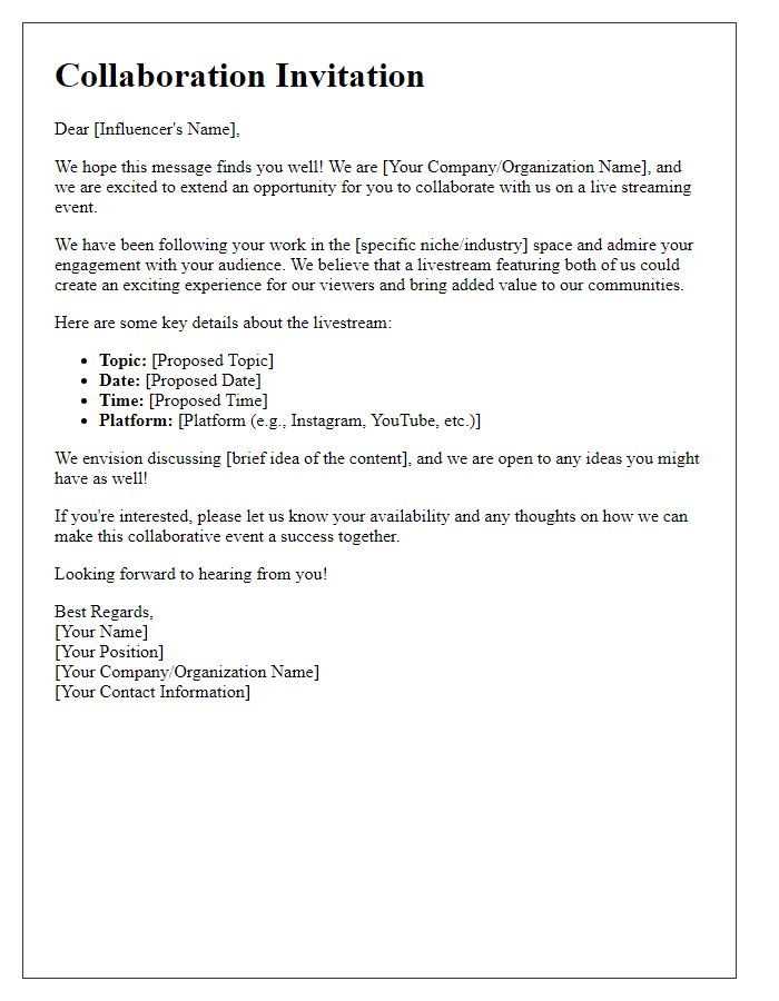 Letter template of collaborative livestream opportunity for influencers