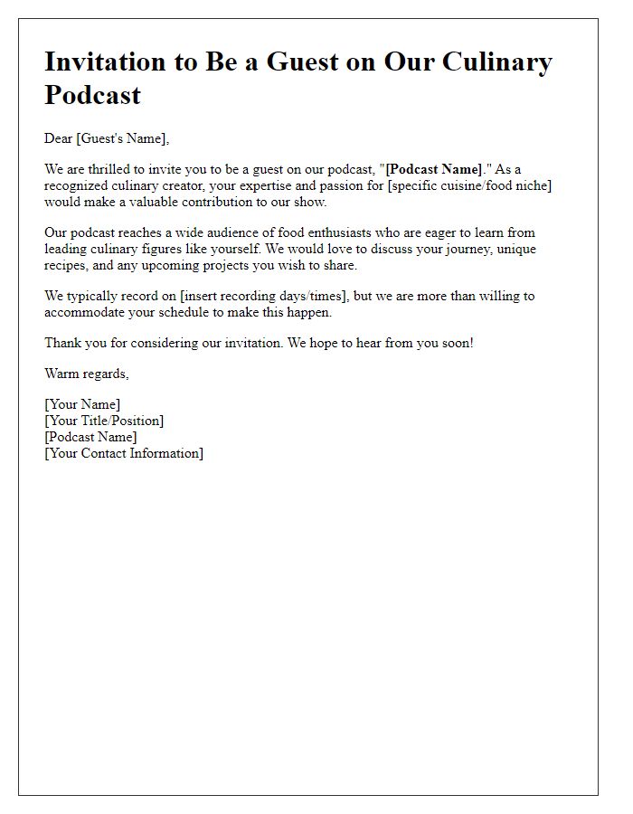 Letter template of podcast guest invitation for culinary creators