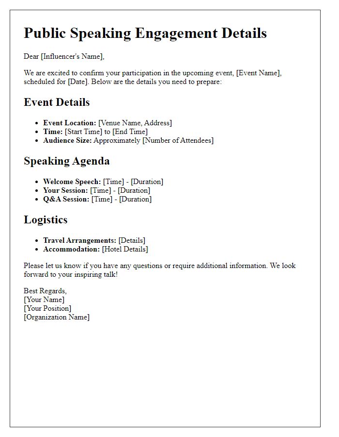 Letter template of details sharing for influencer public speaking agenda