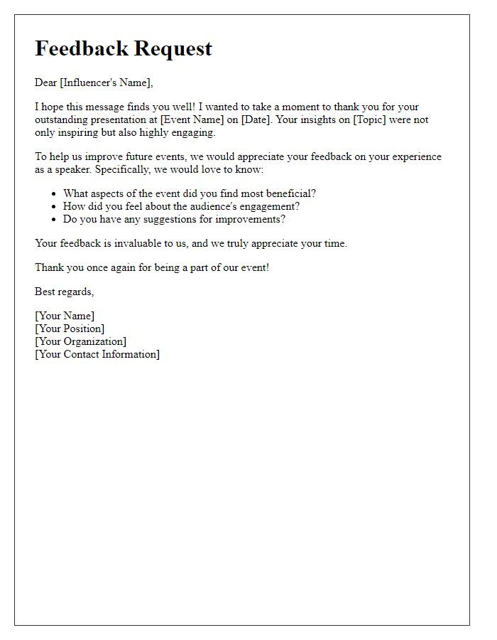 Letter template of feedback request after influencer public speaking