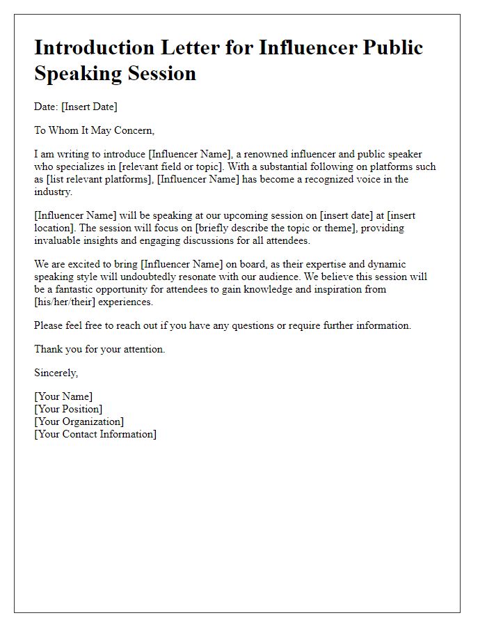 Letter template of introduction for influencer public speaking session