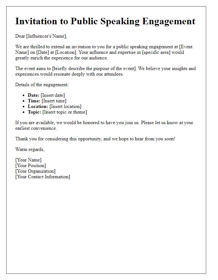 Letter template of invitation for influencer public speaking engagement