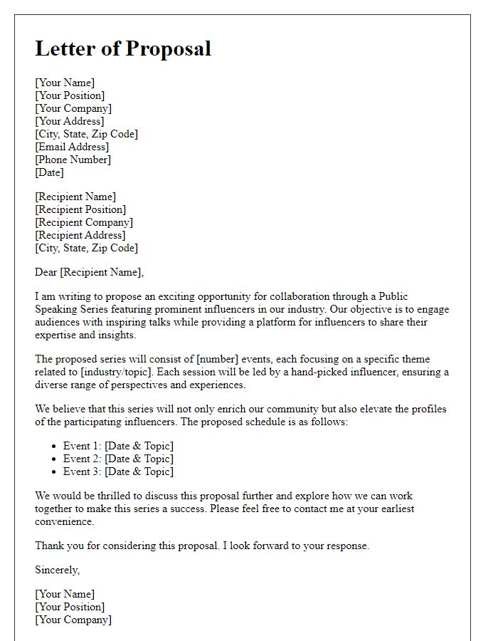 Letter template of proposal for influencer public speaking series