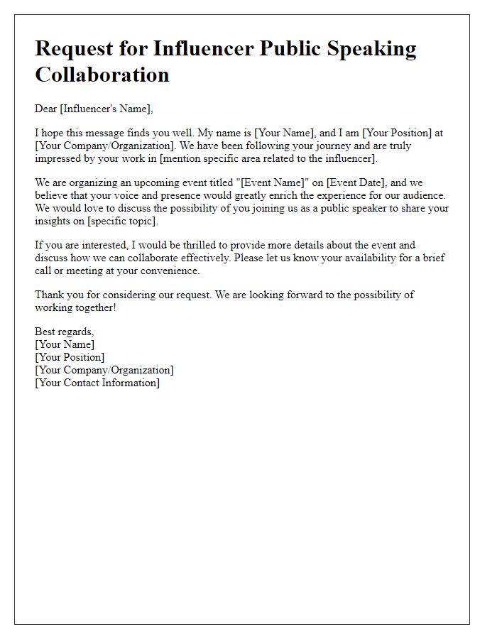 Letter template of request for influencer public speaking collaboration