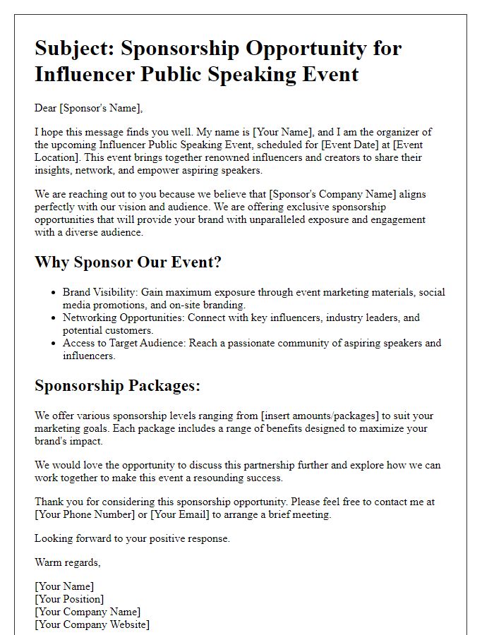 Letter template of sponsorship opportunity for influencer public speaking event