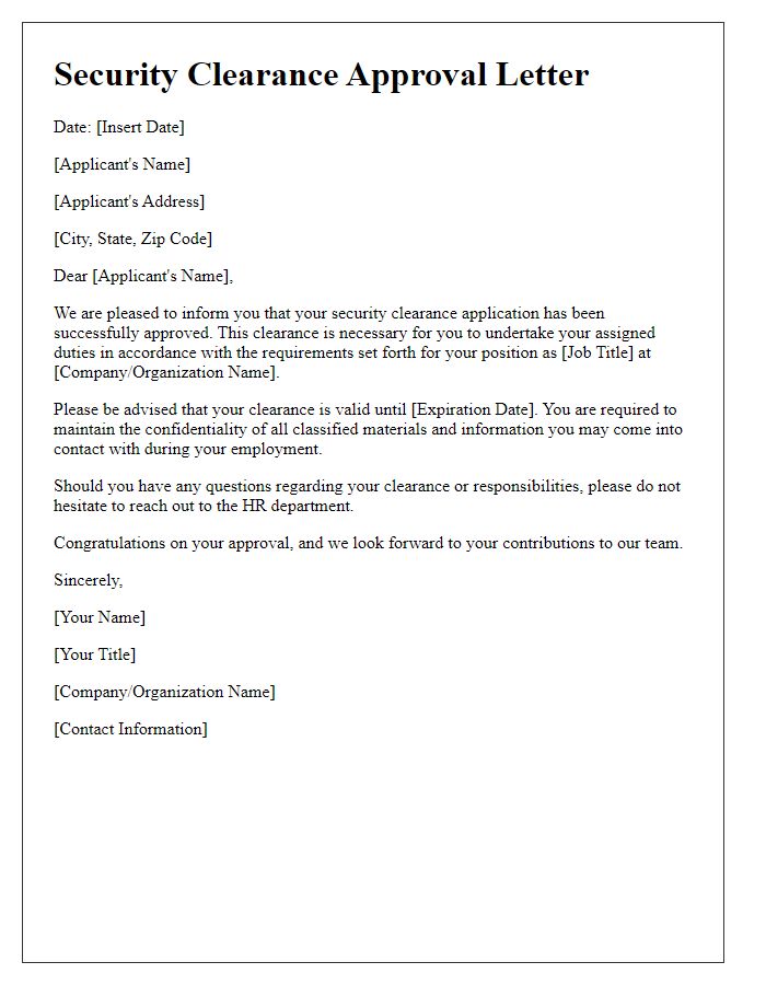 Letter template of security clearance approval for employment