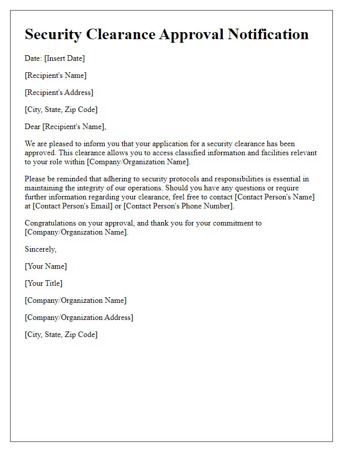 Letter template of security clearance approval notification