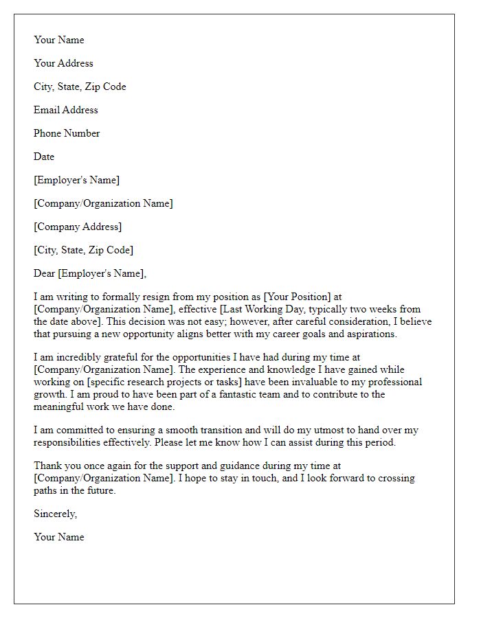 Letter template of resignation from a research position for career advancement.