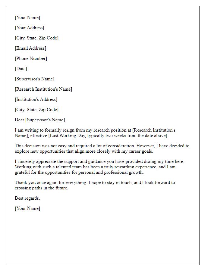 Letter template of resignation from a research position to explore new opportunities.