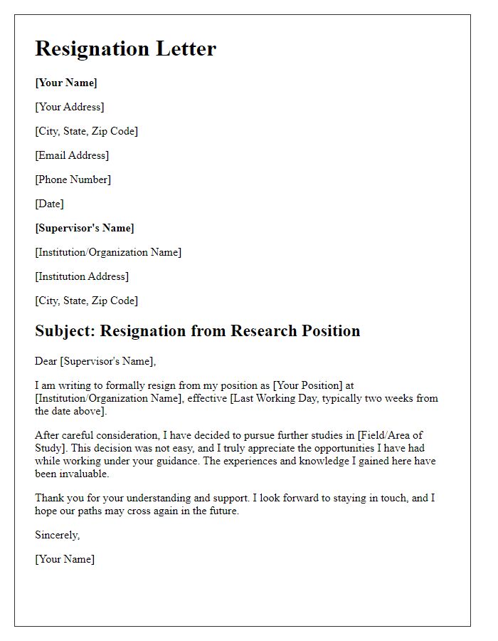 Letter template of resignation from a research position for pursuing further studies.