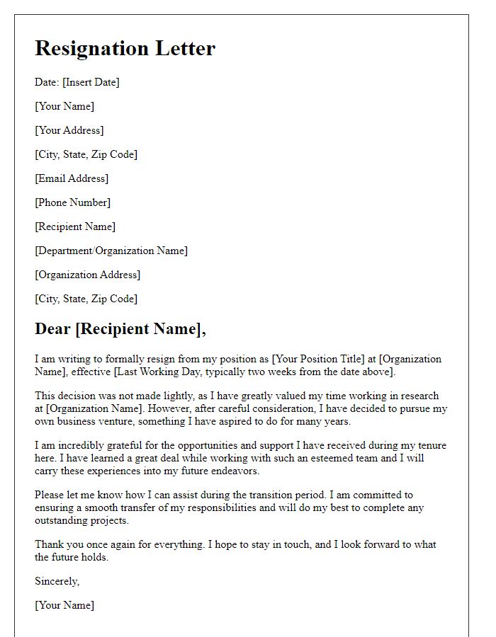 Letter template of resignation from a research position to start a business.