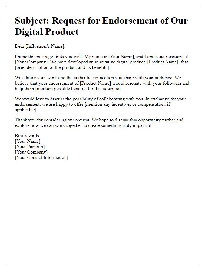 Letter template of appeal for influencer endorsement of our digital product