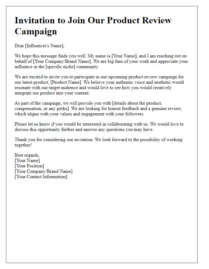 Letter template of invitation for influencer to participate in product review campaign