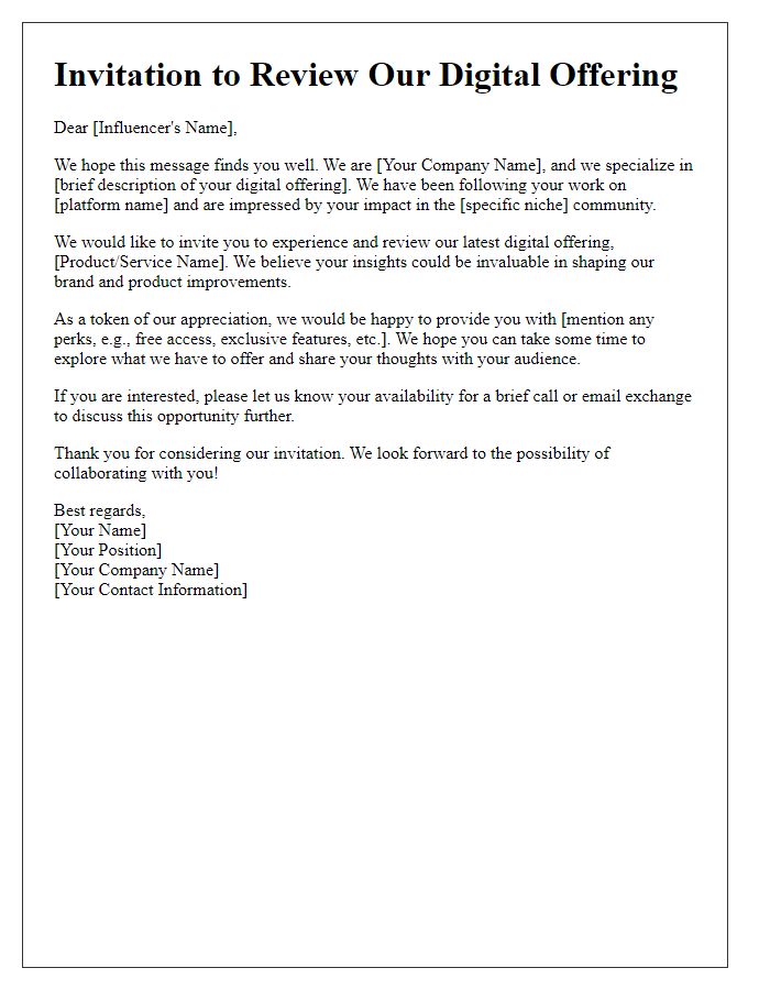 Letter template of invitation for influencer to review our digital offering