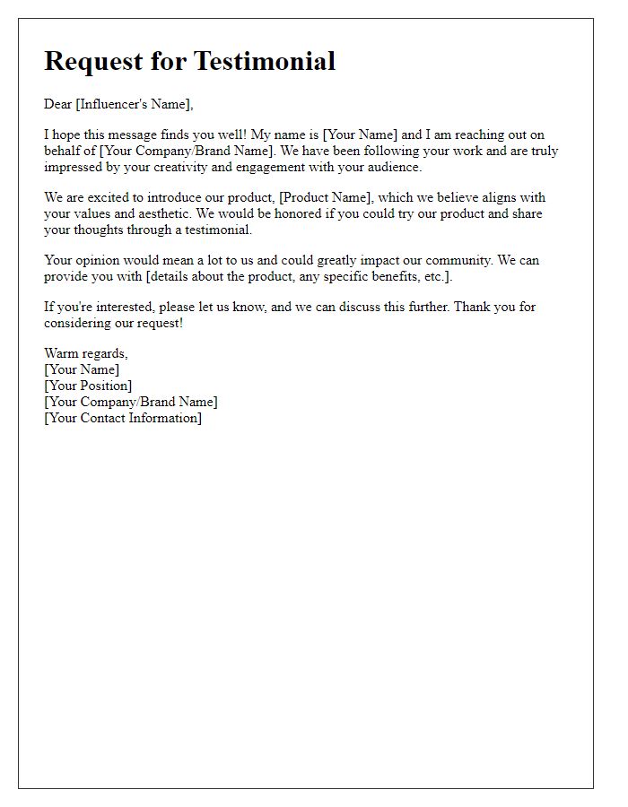 Letter template of request for influencer testimonial on our product