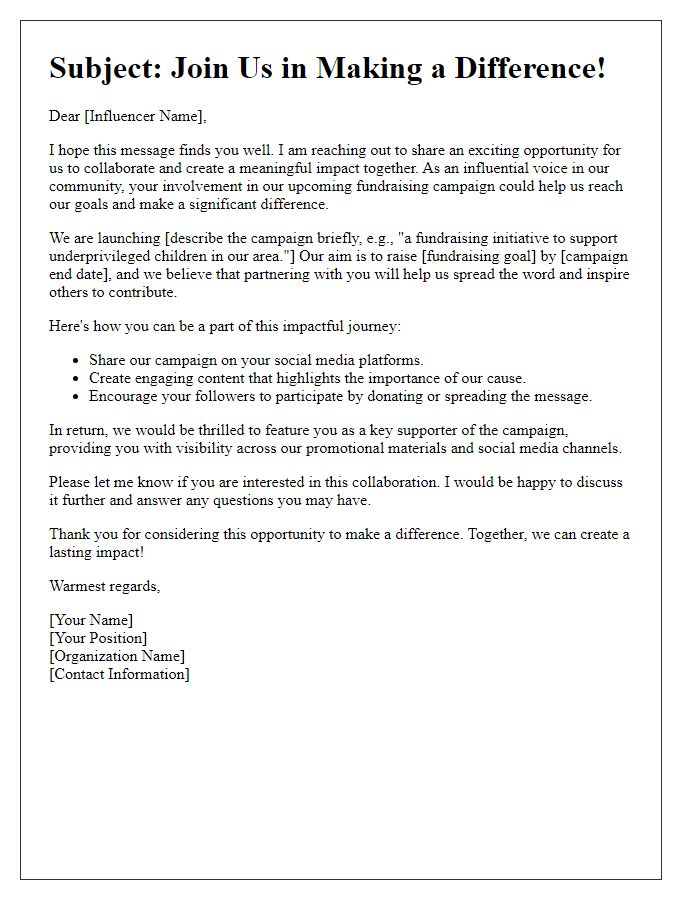 Letter template of influencer alliance for fundraising efforts