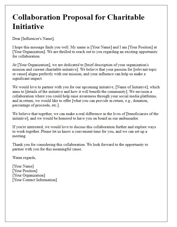 Letter template of influencer collaboration for charitable initiatives