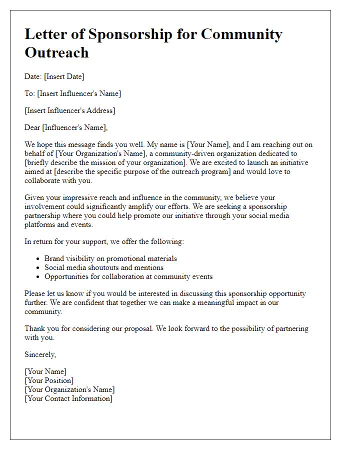 Letter template of influencer sponsorship for community outreach