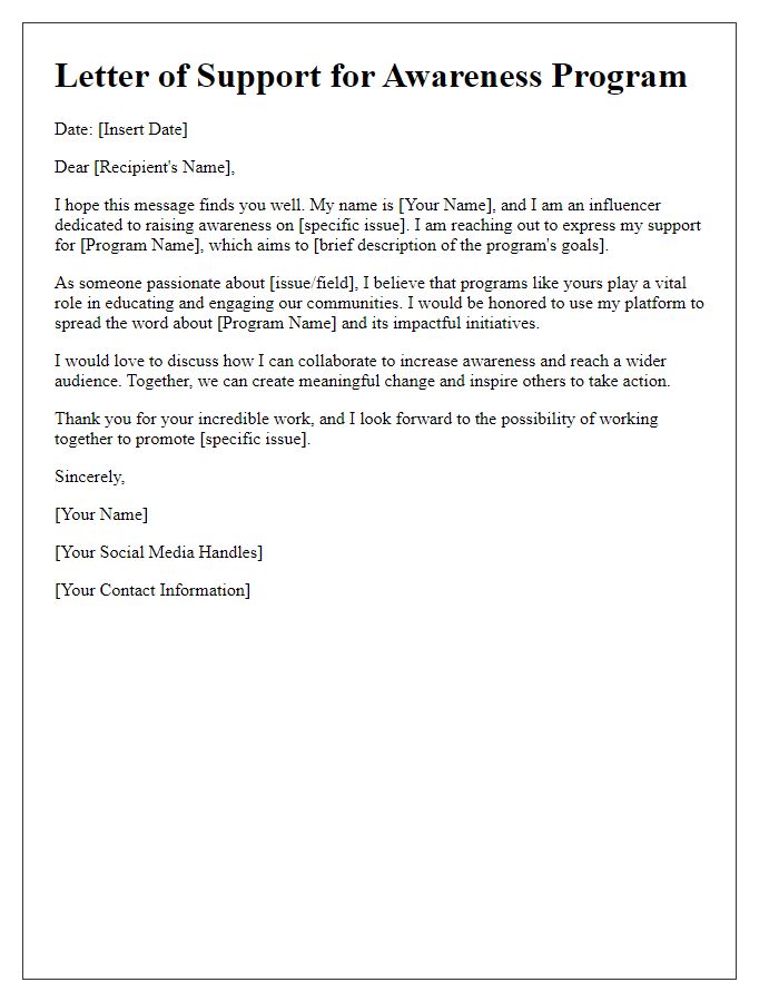 Letter template of influencer support for awareness programs