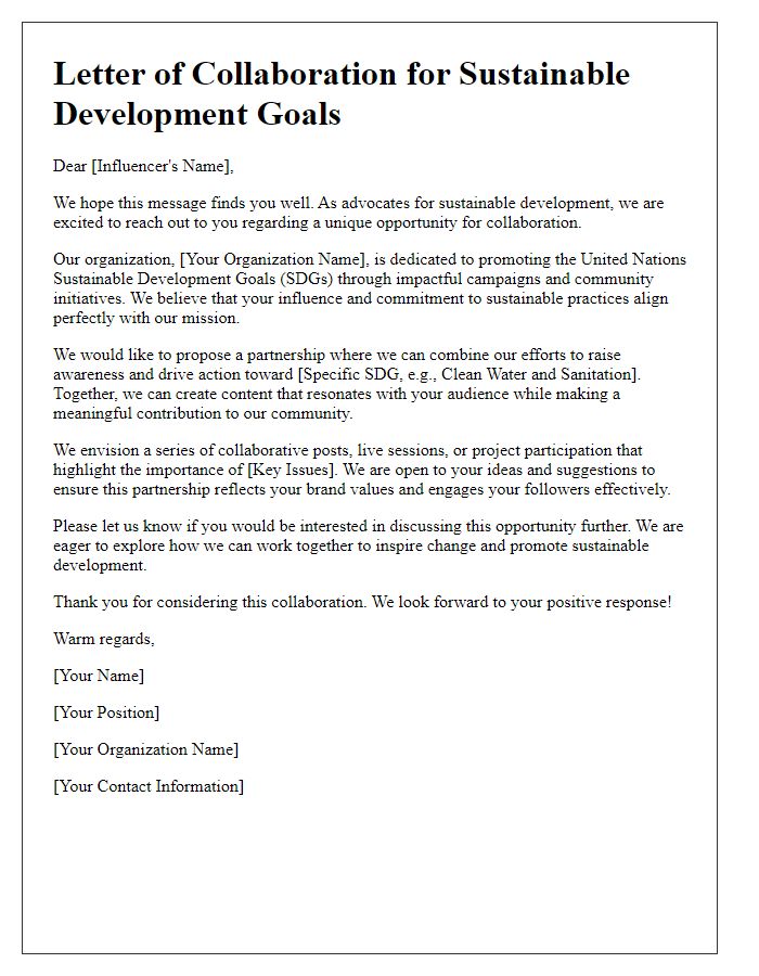 Letter template of influencer teamwork for sustainable development goals