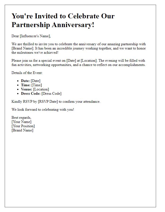 Letter template of influencer anniversary brand partnership invite