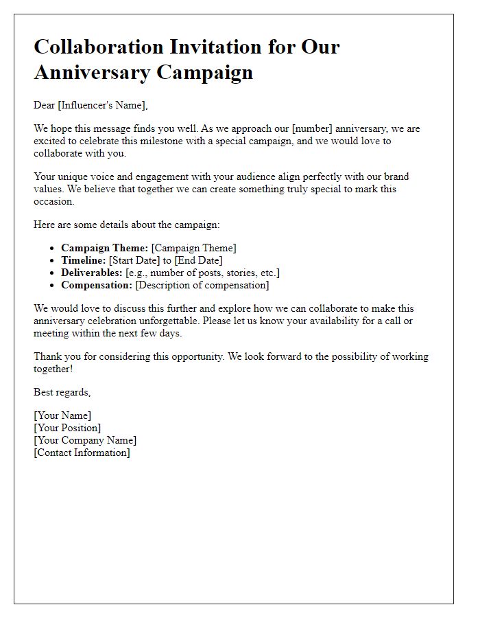 Letter template of influencer anniversary campaign collaboration offer