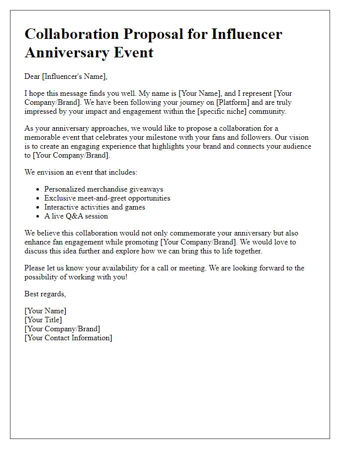 Letter template of influencer anniversary event collaboration proposal