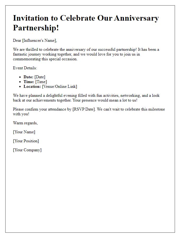 Letter template of influencer anniversary partnership invitation