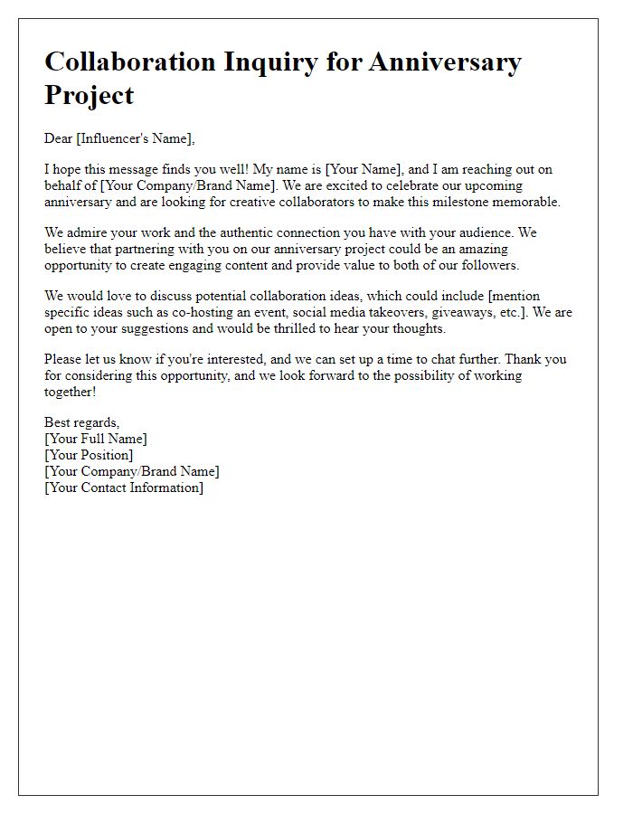 Letter template of influencer anniversary project collaboration inquiry