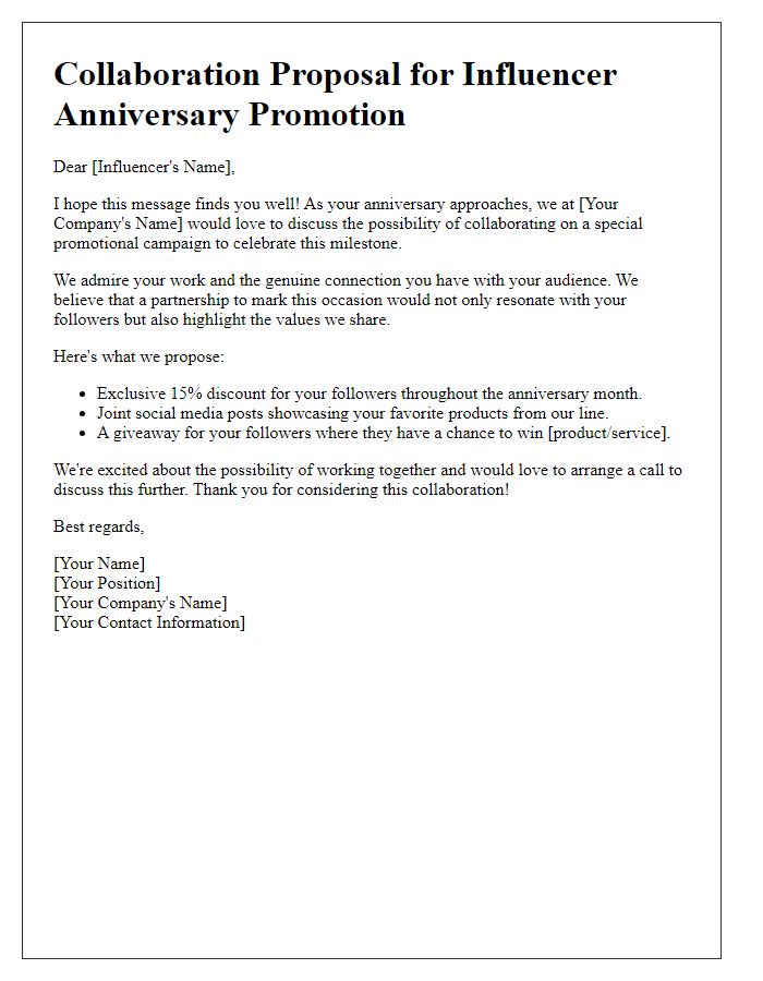 Letter template of influencer anniversary promotional collaboration suggestion