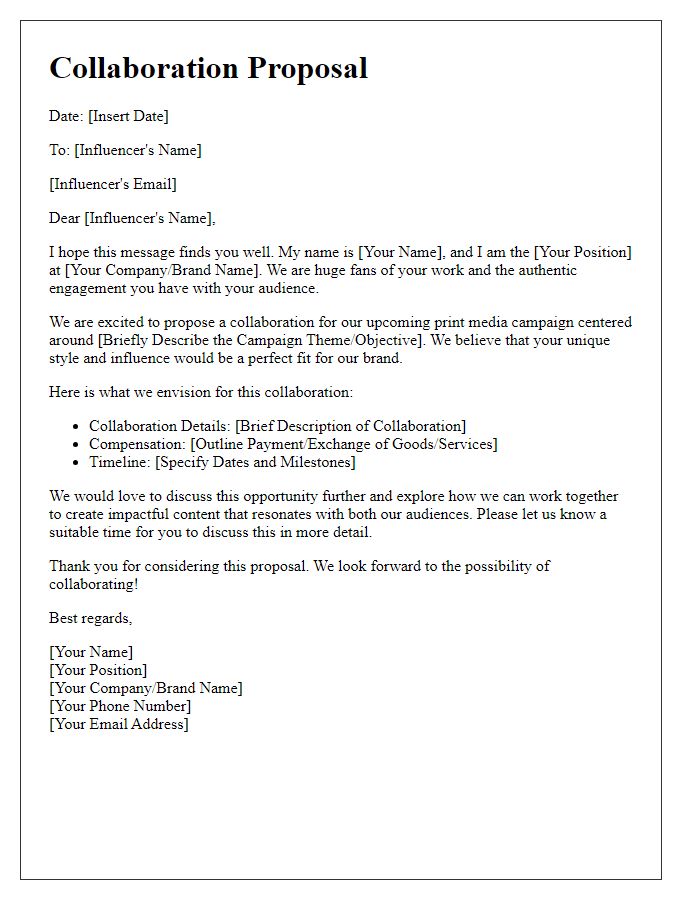 Letter template of influencer collaboration proposal for print media