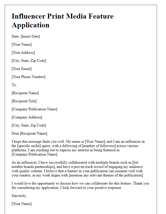 Letter template of influencer print media feature application