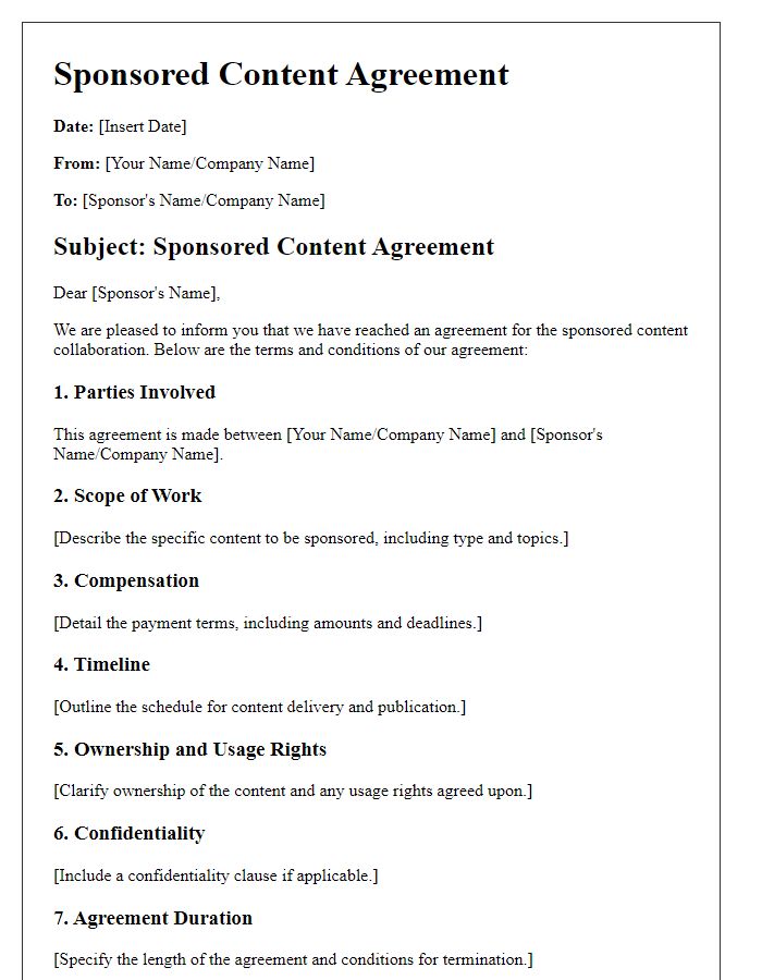 Letter template of Sponsored Content Agreement